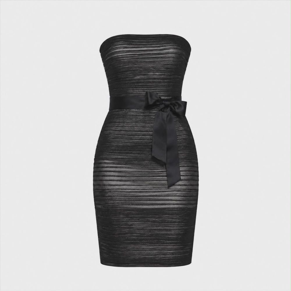 NWT Size 6. Tadashi Shoji Black Mesh over White Strapless Dress with Bow
